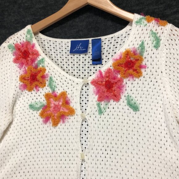 JH Collectibles Women's Size Medium Sweater Ribbon Embroidery Button up Floral - Picture 3 of 8